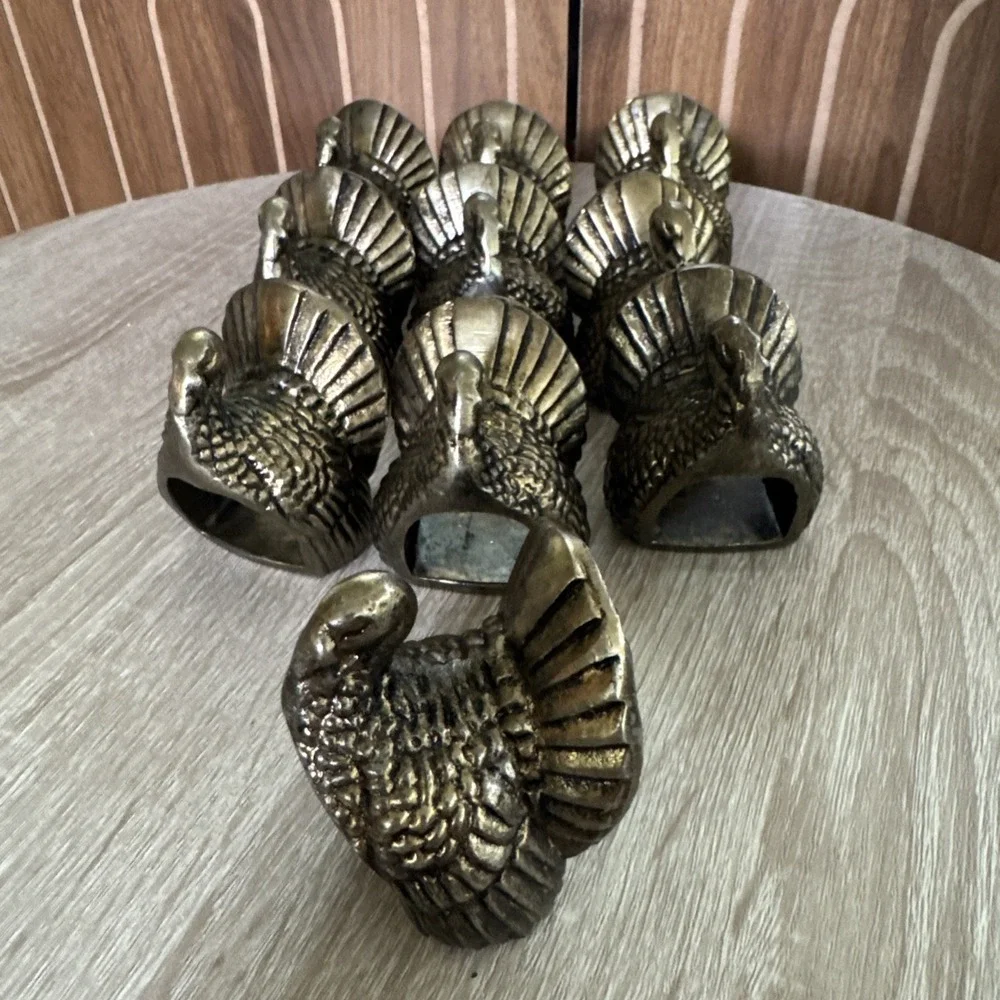 Vtg Set of 10 Brass Turkey Thanksgiving Holiday Quality Napkin Rings/Holders